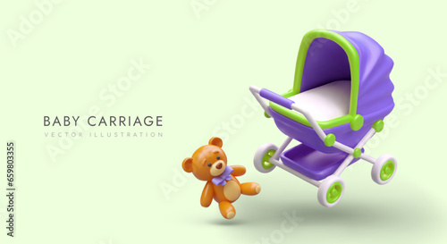 3D blue stroller, toy bear. Children accessories for boy. Advertising concept on green background. Cute banner with place for text. Template for online baby product store