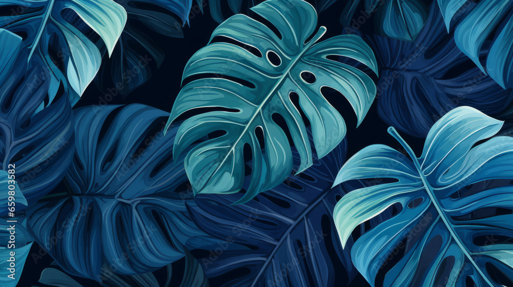 Blue tropical summer plant leaf seamless pattern. Monstera leaves background illustration. Blue tropical summer plant leaf seamless pattern. Monstera leaves background illustration.