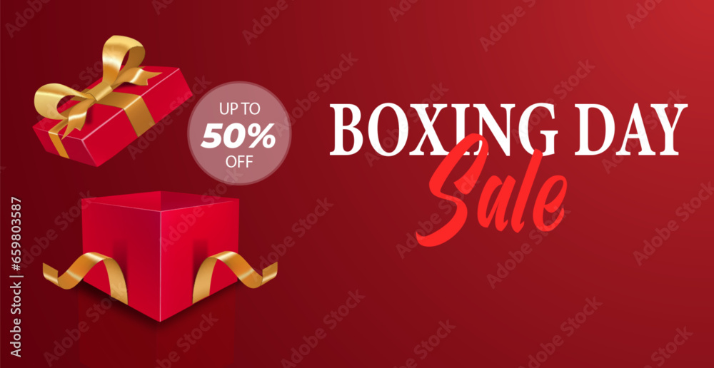 Naklejka premium realistic banner boxing day sale on red background