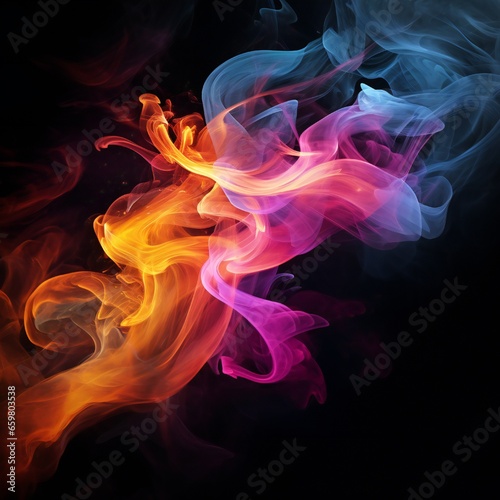 Colorful chimney smoke, top down, black background Generative AI