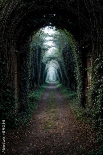 A way to freedom. Dirt road in green meadow in open door of ancient house. Photo toned in brown color. Generative AI