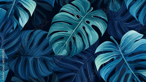 Blue tropical summer plant leaf seamless pattern. Monstera leaves background illustration.