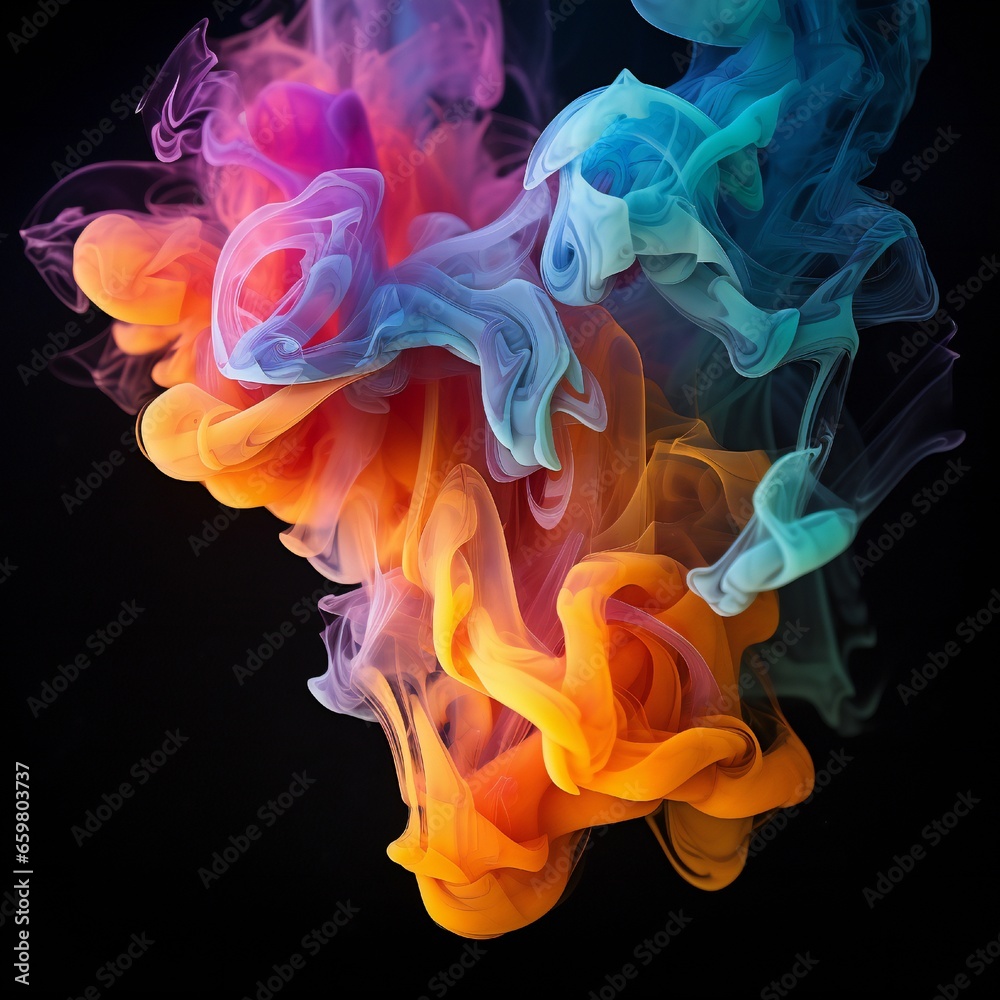 Fototapeta premium Colorful chimney smoke, top down, black background Generative AI
