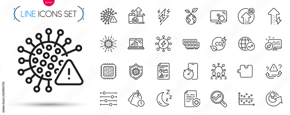 Pack of Analytics, Report document and 5g internet line icons. Include ...