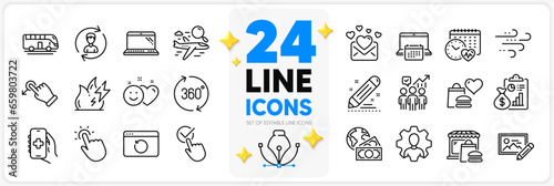 Icons set of Brand contract, Professional and Human resources line icons pack for app with Love mail, Business statistics, Food market thin outline icon. Calendar, Report, Smile pictogram. Vector