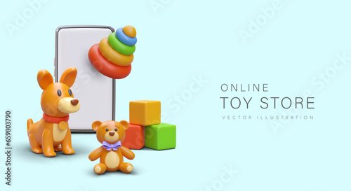 Online toy store concept. 3d smartphone, teddy bear, dog and educational toys. Poster with blue background and place for text. Vector illustration in 3d style
