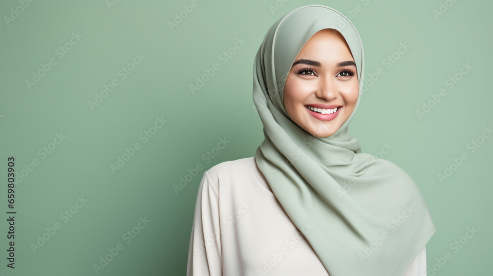 A happy beautiful woman muslim with green hijab in green background with copy space
