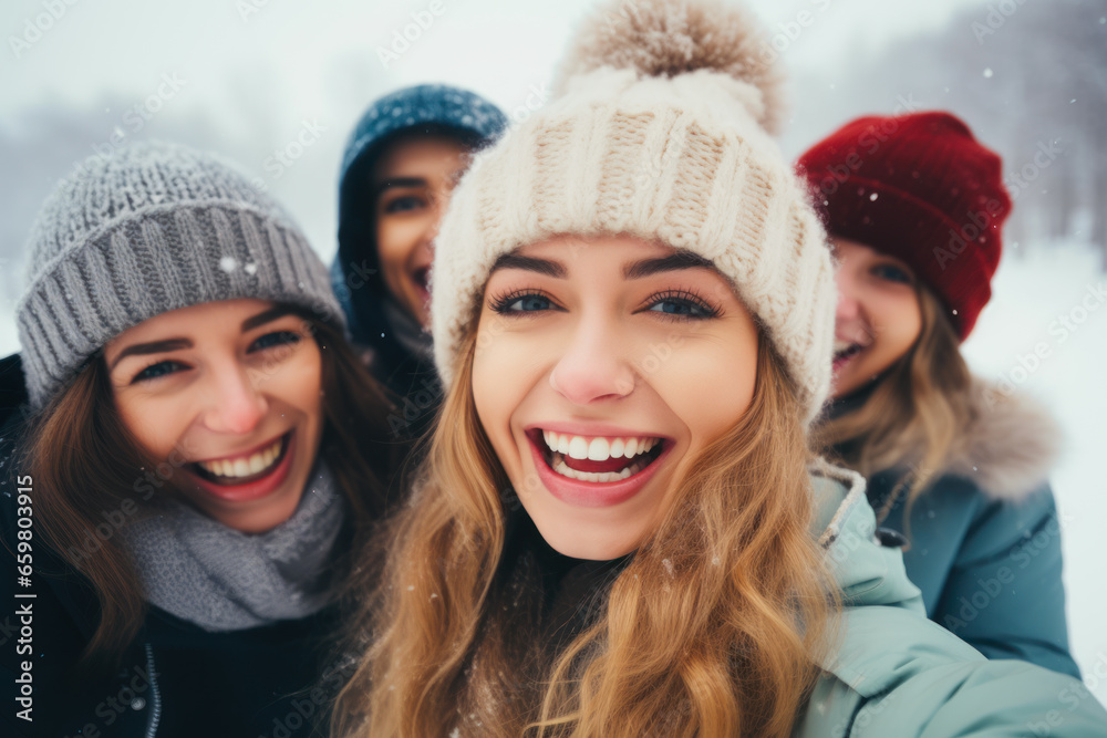 Group of friends in winter clothes having fun on a snowfall. Group of friends in winter clothes having fun on a snowfall.