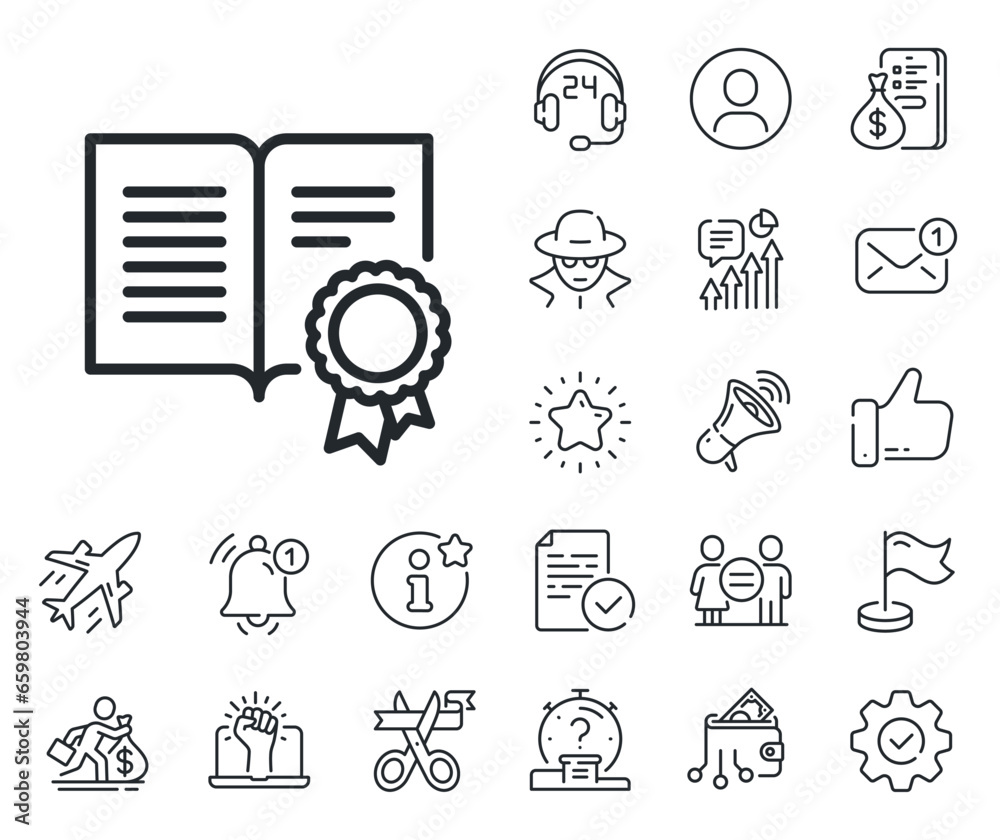 Certificate document symbol. Salaryman, gender equality and alert bell outline icons. Diploma with Medal line icon. Approved badge or Winner medal sign. Diploma line sign. Vector Certificate document symbol. Salaryman, gender equality and alert bell outline icons. Diploma with Medal line icon. Approved badge or Winner medal sign. Diploma line sign. Vector