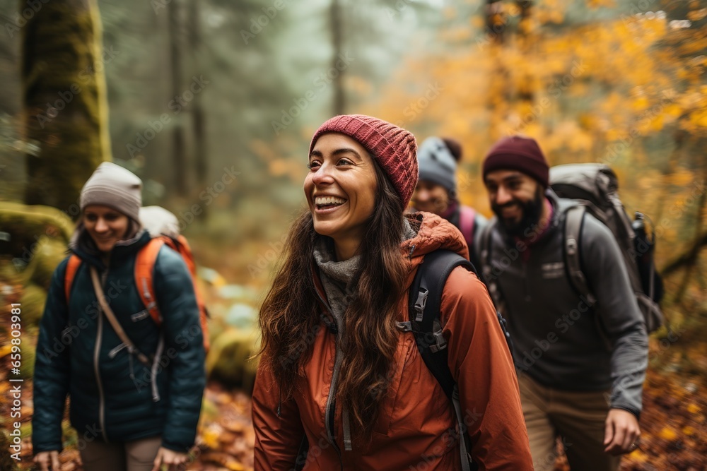 Group of diverse friends enjoying a mindful autumn hike, surrounded by vibrant fall foliage Group of diverse friends enjoying a mindful autumn hike, surrounded by vibrant fall foliage