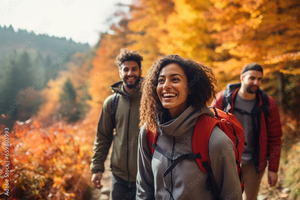 Group of diverse friends enjoying a mindful autumn hike, surrounded by vibrant fall foliage Group of diverse friends enjoying a mindful autumn hike, surrounded by vibrant fall foliage