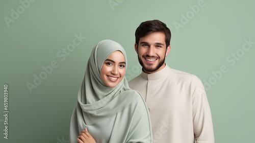 Portrait of muslim couple smiling at the camera in sage green background