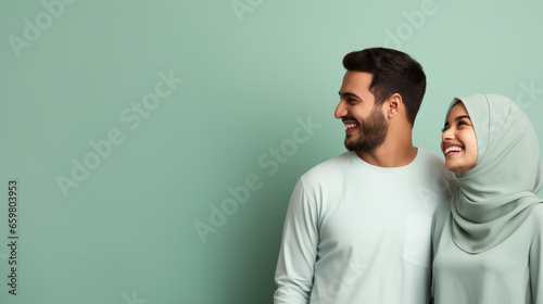 A happy muslim couple is looking to the right in green background with copy space