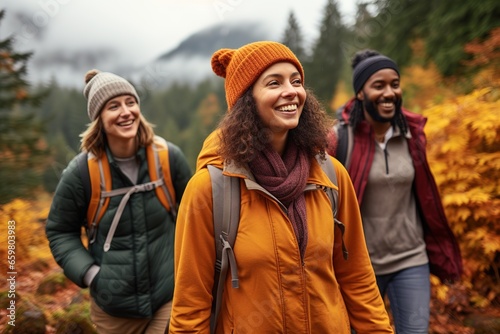 Group of diverse friends enjoying a mindful autumn hike  surrounded by vibrant fall foliage