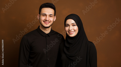 A smiling muslim couple smiling at the camera in brown texture background