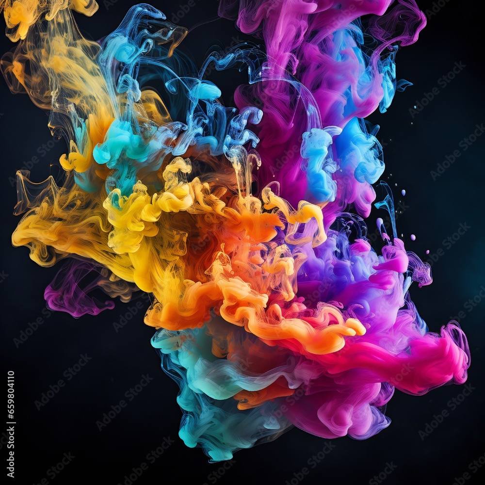 Fototapeta premium Colorful chimney smoke, top down, black background Generative AI