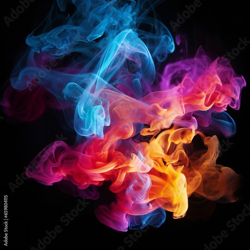 Colorful chimney smoke, top down, black background Generative AI