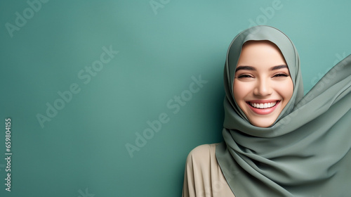 A happy  woman muslim with green hijab in sage green background with copy space