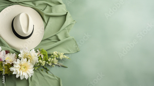 Wedding flower concept with cowboy hat and green silk cloth in green background with copy space photo