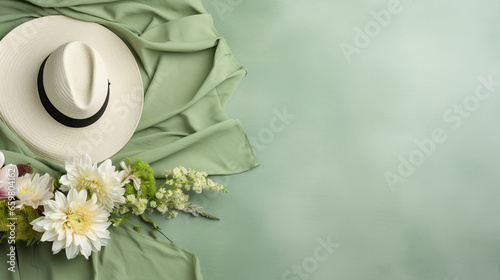 Wedding flower concept with cowboy hat and green silk cloth in green background with copy space