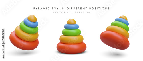 Realistic pyramid toy in different positions. Advertising poster with colorful toys for toy store. Vector illustration in red, green and yellow colors in 3d style
