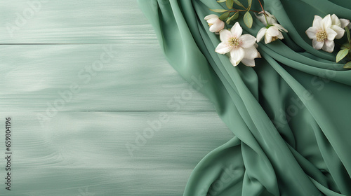 Wedding flower concept and green silk cloth in green texture background with copy space photo