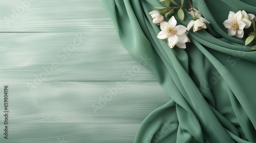 Wedding flower concept and green silk cloth in green texture background with copy space