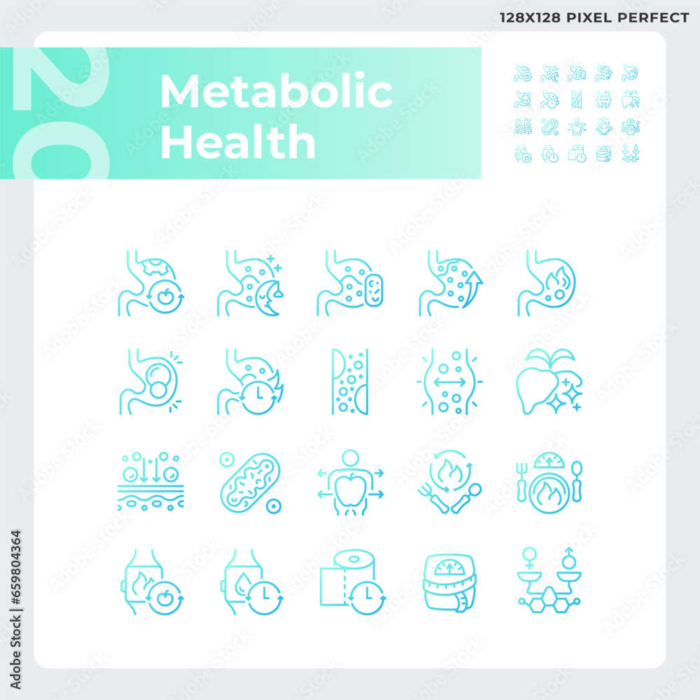 2D pixel perfect gradient icons pack representing metabolic health, thin line illustration.