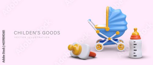 3d realistic children goods concept. Newborn baby feeding bottle, baby orthodontic pacifier and stroller. Child care concept. Vector illustration with purple background
