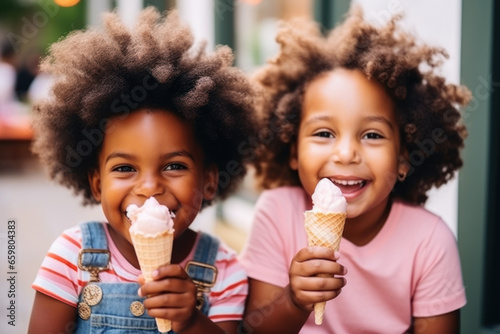 Portrait of two cute african american girls eating ice cream outdoors photo