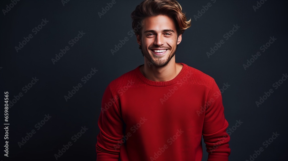 Obraz premium Strong smiling man in a red sweater on a dark background on the day of the Black Friday sale.