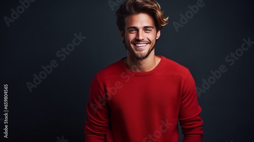 Strong smiling man in a red sweater on a dark background on the day of the Black Friday sale.