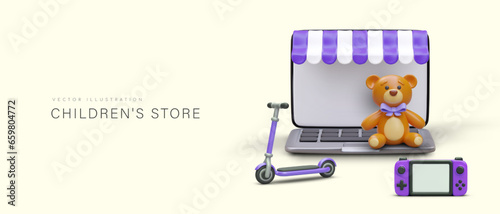 Concept of online store with different toys for children. Buying products for kids via modern gadgets. Game console, kick scooter and teddy bear. Vector illustration