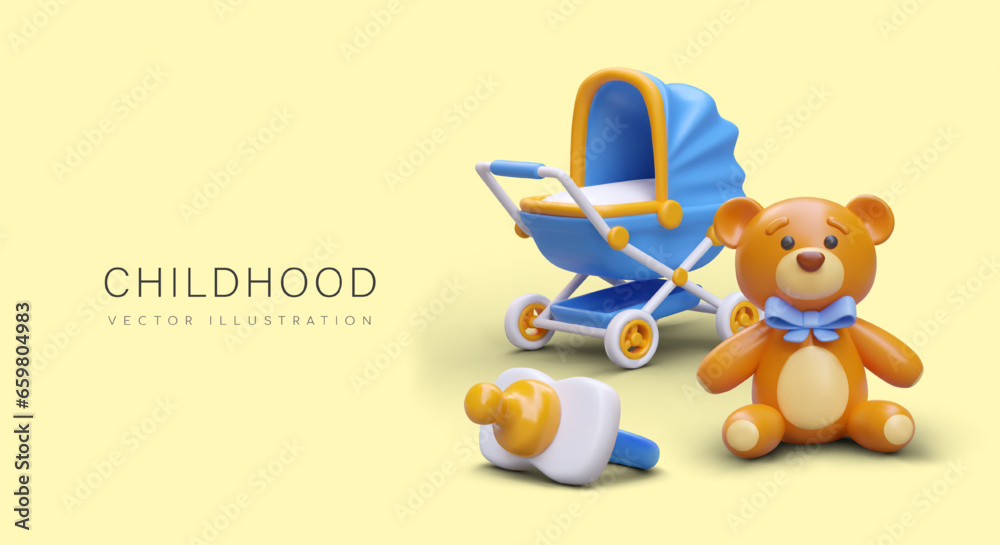 Poster with teddy bear, orthodontic pacifier, stroller and text. Childhood concept. 3d realistic children goods concept. Vector illustration in yellow and blue colors Poster with teddy bear, orthodontic pacifier, stroller and text. Childhood concept. 3d realistic children goods concept. Vector illustration in yellow and blue colors