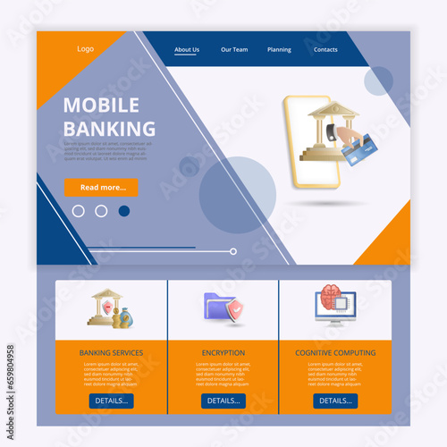 Mobile banking flat landing page website template. Banking services, encryption, cognitive computing. Web banner with header, content and footer. Vector illustration.