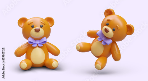 3d realistic teddy bear with purple bow in different positions. Colorful toy for children. 3d object for advertising campaign of toy store. Vector illustration in purple colors