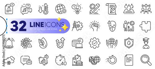 Outline set of Blood donation, World weather and Puzzle line icons for web with Cogwheel dividers, Organic product, Charging station thin icon. Low thermometer, Execute. Vector