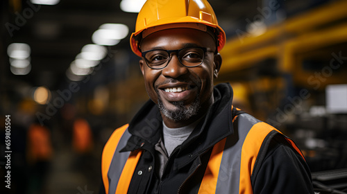 A happy African American factory worker wearing a hard hat and work clothes standing beside the production line  © Lukman