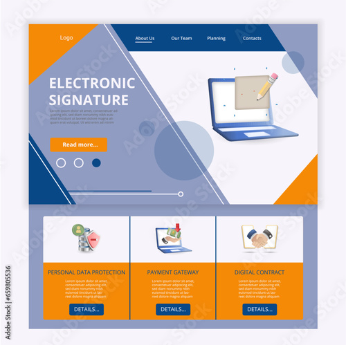 Electronic signature flat landing page website template. Personal data protection, payment gateway, digital contract. Web banner with header, content and footer. Vector illustration.