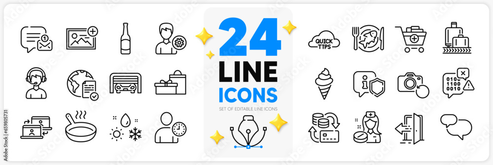 Icons set of Nurse, Gifts and Frying pan line icons pack for app with Parking garage, Shield, Entrance thin outline icon. Weather, Money change, Seafood pictogram. Time management. Vector