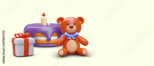Gift box, cute soft teddy bear and birthday cake. Toy for kids concept. Placard with present for children, yellow background. Vector illustration with place for text
