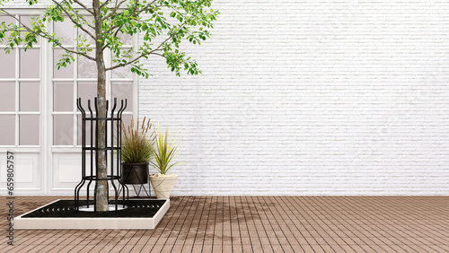 Empty outdoor luxury courtyard with trees, white brick wall, glass door in sunlight on brown wood plank floor for exterior design decoration, architecture, product background 3D