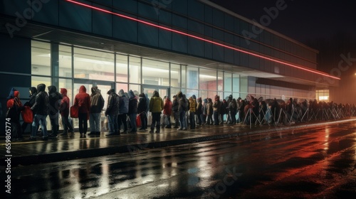 Huge queue at an outdoor store on Black Friday sale day.