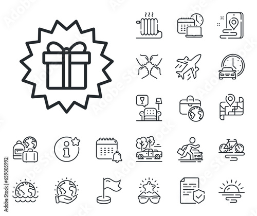 Present or Sale sign. Plane jet, travel map and baggage claim outline icons. Gift box offer line icon. Birthday Shopping symbol. Package in Gift Wrap. Surprise gift line sign. Vector