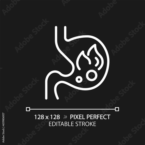 2D pixel perfect editable white burning stomach icon, isolated monochromatic vector, thin line illustration representing metabolic health.