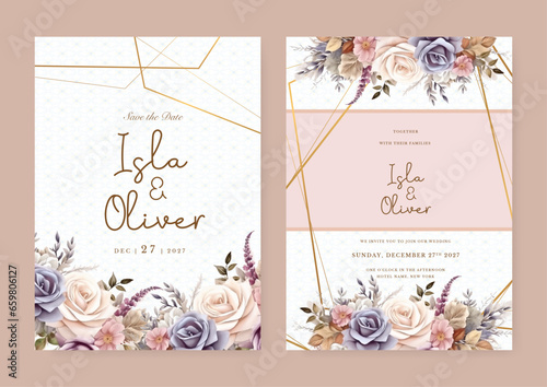 Colorful colourful rose elegant wedding invitation card template with watercolor floral and leaves