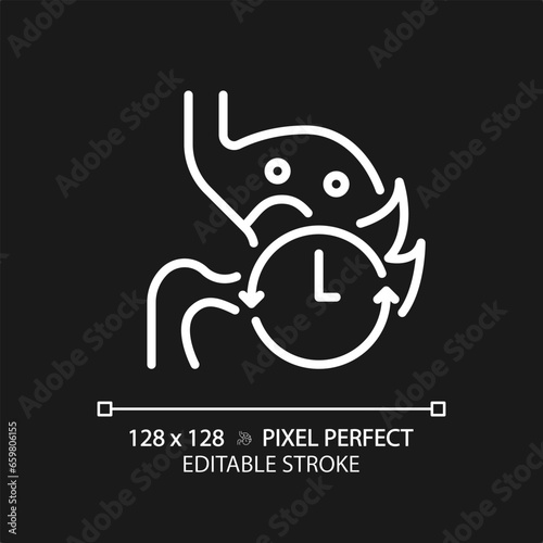 2D pixel perfect editable white stomach with time icon, isolated monochromatic vector, thin line illustration representing metabolic health.