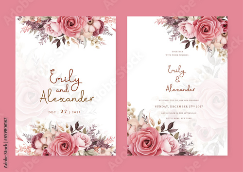 Pink rose vector wedding invitation card set template with flowers and leaves watercolor