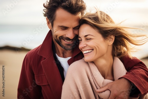 Joyful middle aged couple, a man and woman, sharing a loving hug on a beach in autumn. 