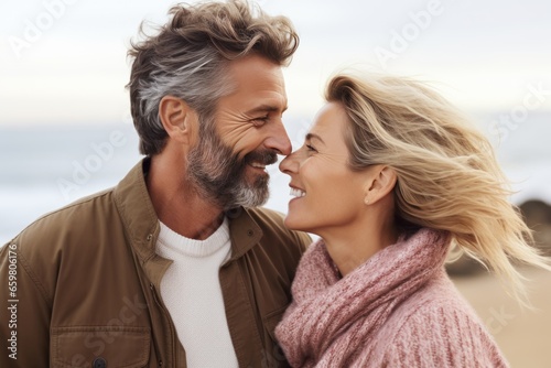 Joyful middle aged couple, a man and woman, sharing a loving hug on a beach in autumn. 